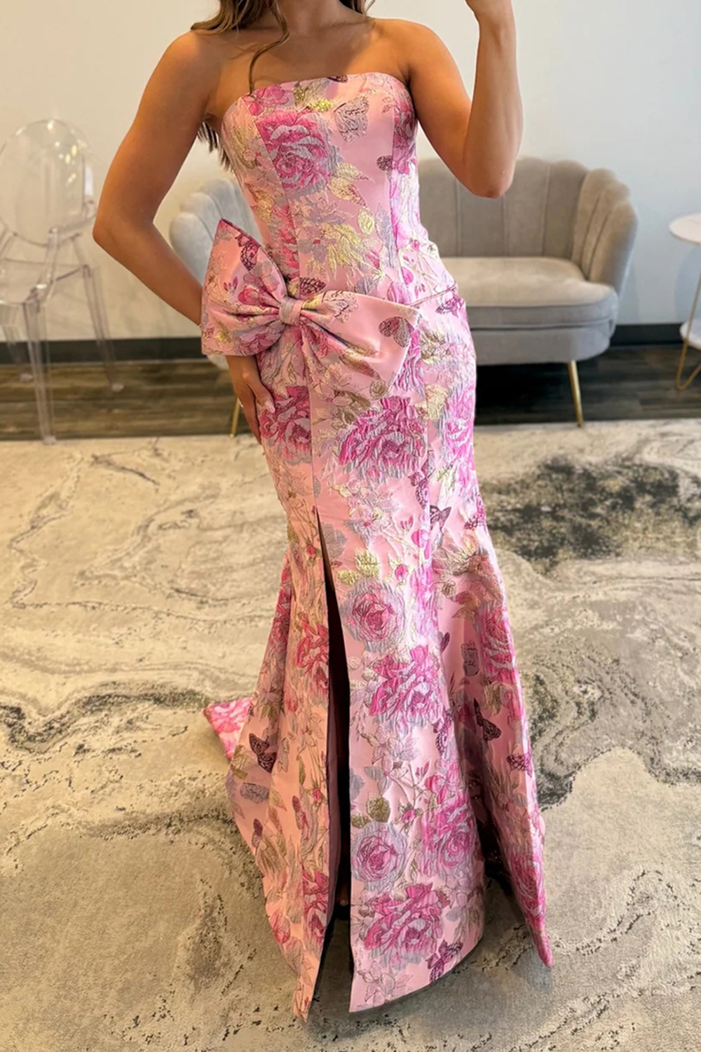 Purple Mermaid Strapless Floral Long Prom Dress with Slit