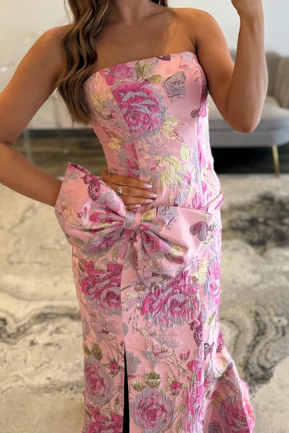 Purple Mermaid Strapless Floral Long Prom Dress with Slit