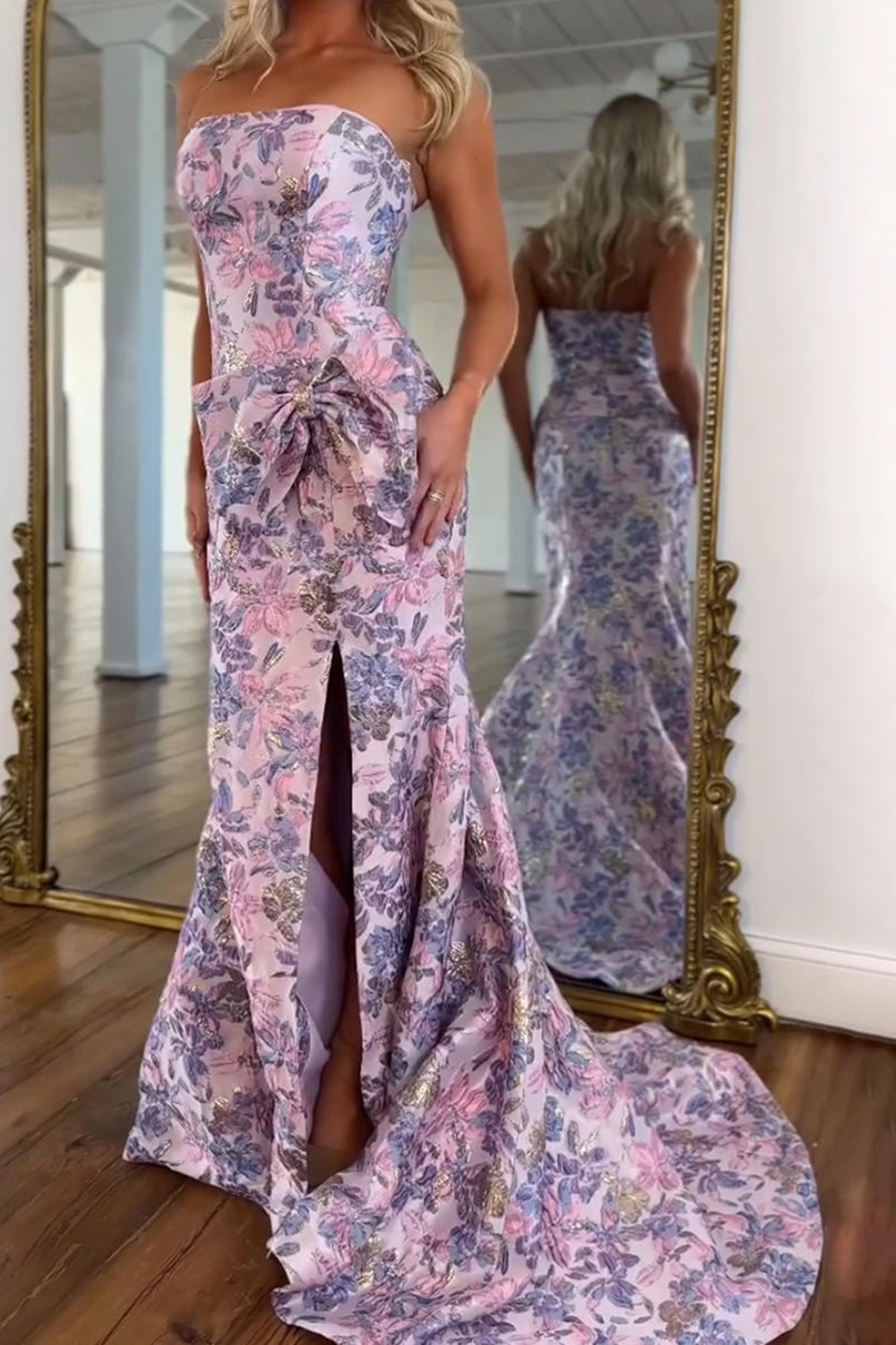 Purple Mermaid Strapless Floral Bodycon Long Prom Dress with Slit