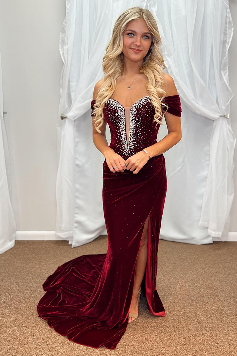Sparkly Burgundy Sheath Off the Shoulder Velvet Long Prom Dress with Slit