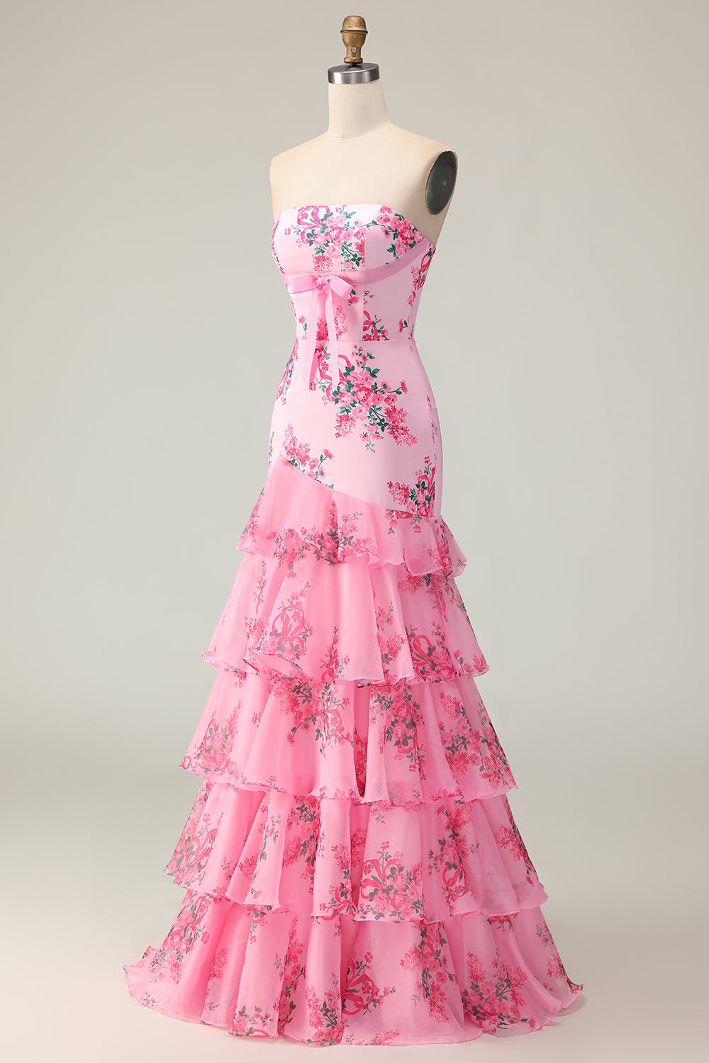 Floral Pink Strapless Mermaid Tiered Long Prom Dress with Bow