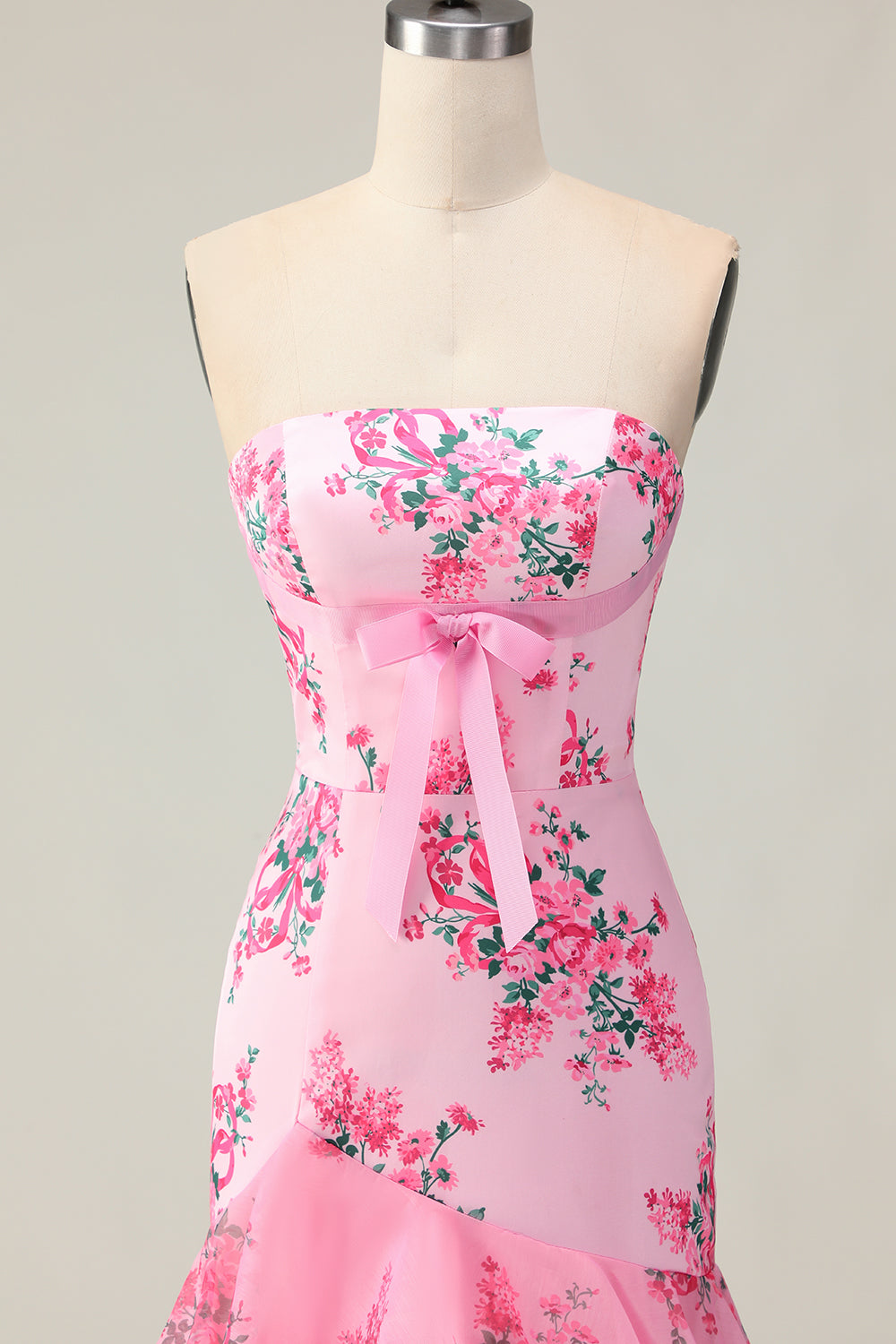 Floral Pink Strapless Mermaid Tiered Long Prom Dress with Bow
