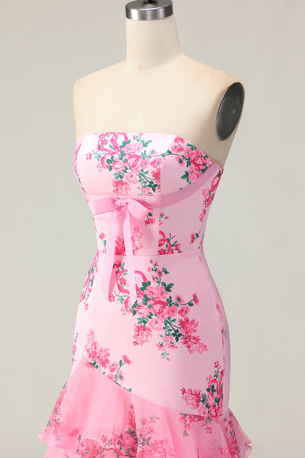 Floral Pink Strapless Mermaid Tiered Long Prom Dress with Bow