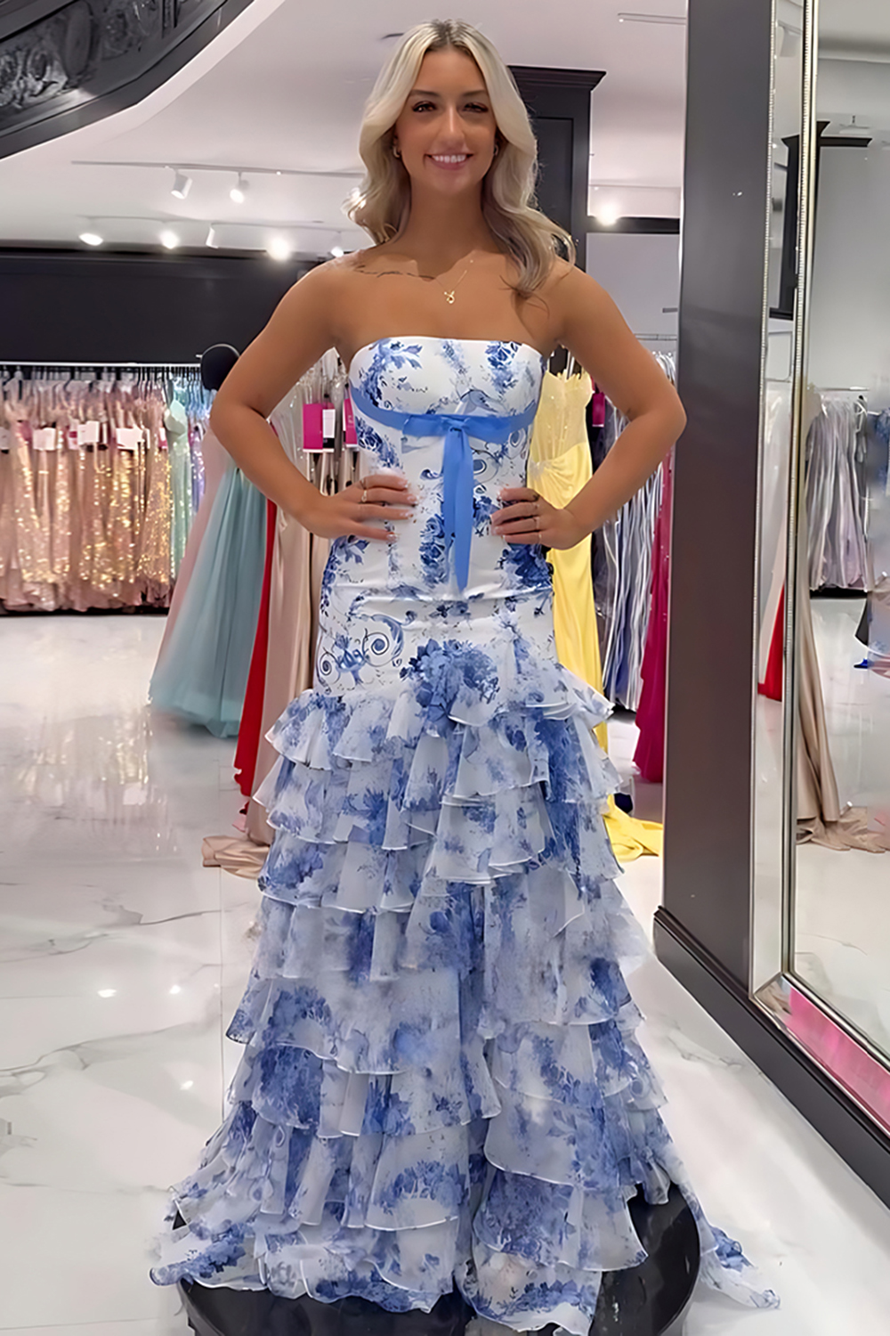 White Blue Flower Strapless Tiered Tulle Bodycon Prom Dress with Ruffles