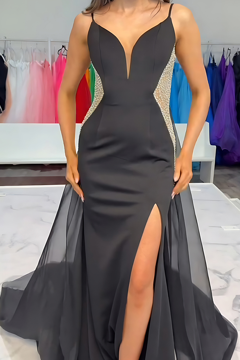 Sparkly Black Mermaid Spaghetti Straps Satin Long Prom Dress with Slit