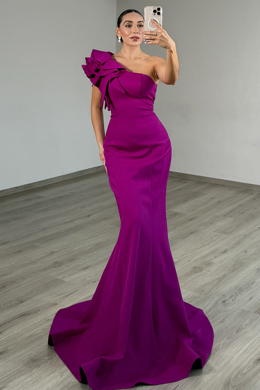 Elegant Dark Purple Satin One Shoulder Long Mermaid Prom Dress with Ruffles