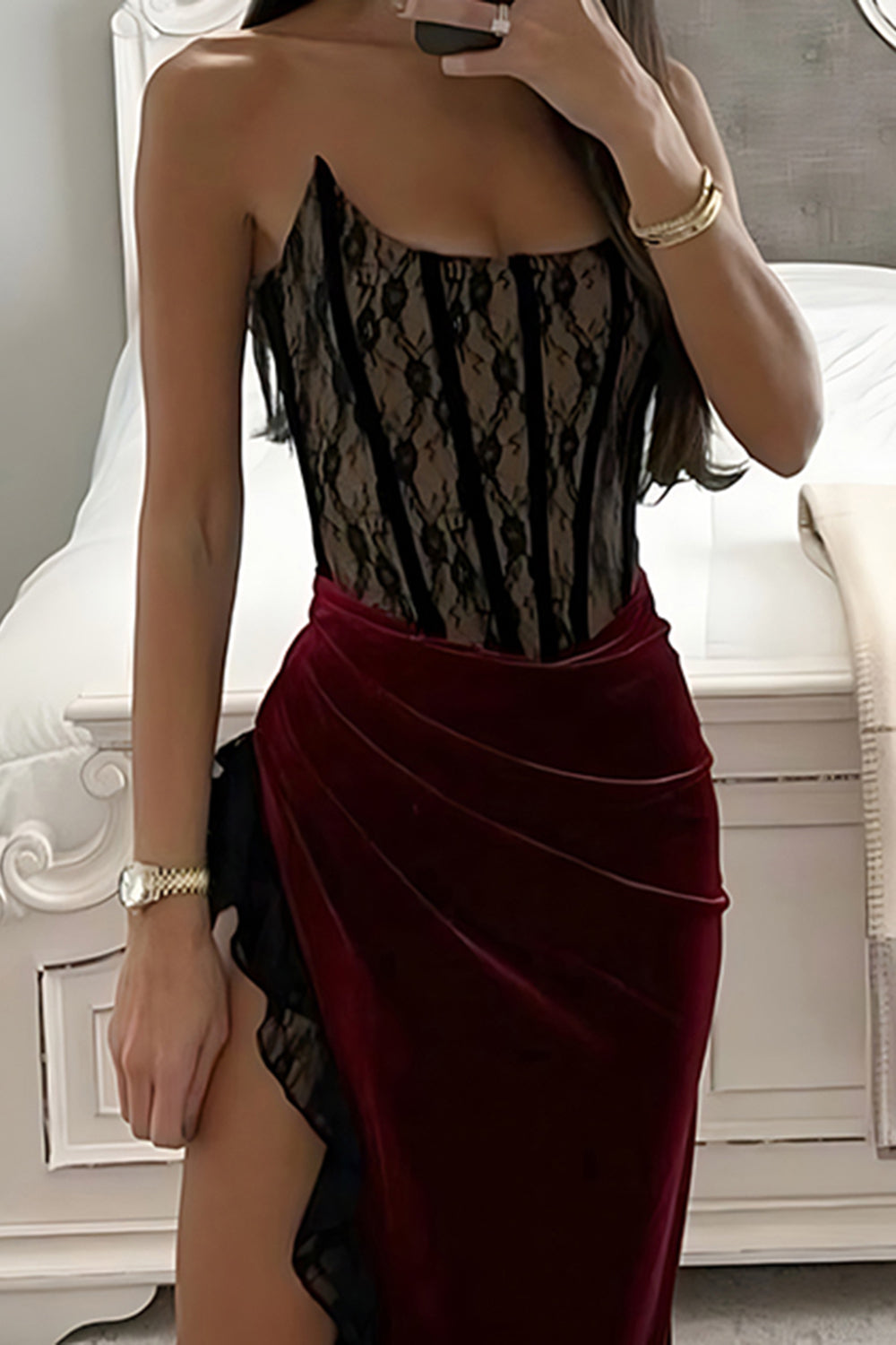 Elegant Burgundy Sheath Strapless Ruched Long Velvet Prom Dress with Slit