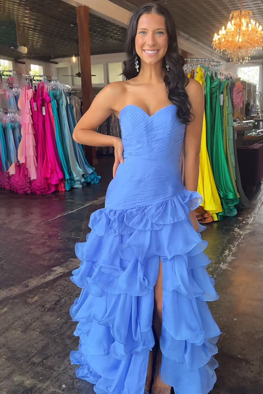 Blue Mermaid Sweetheart Tiered Ruffled Long Prom Dress with Slit