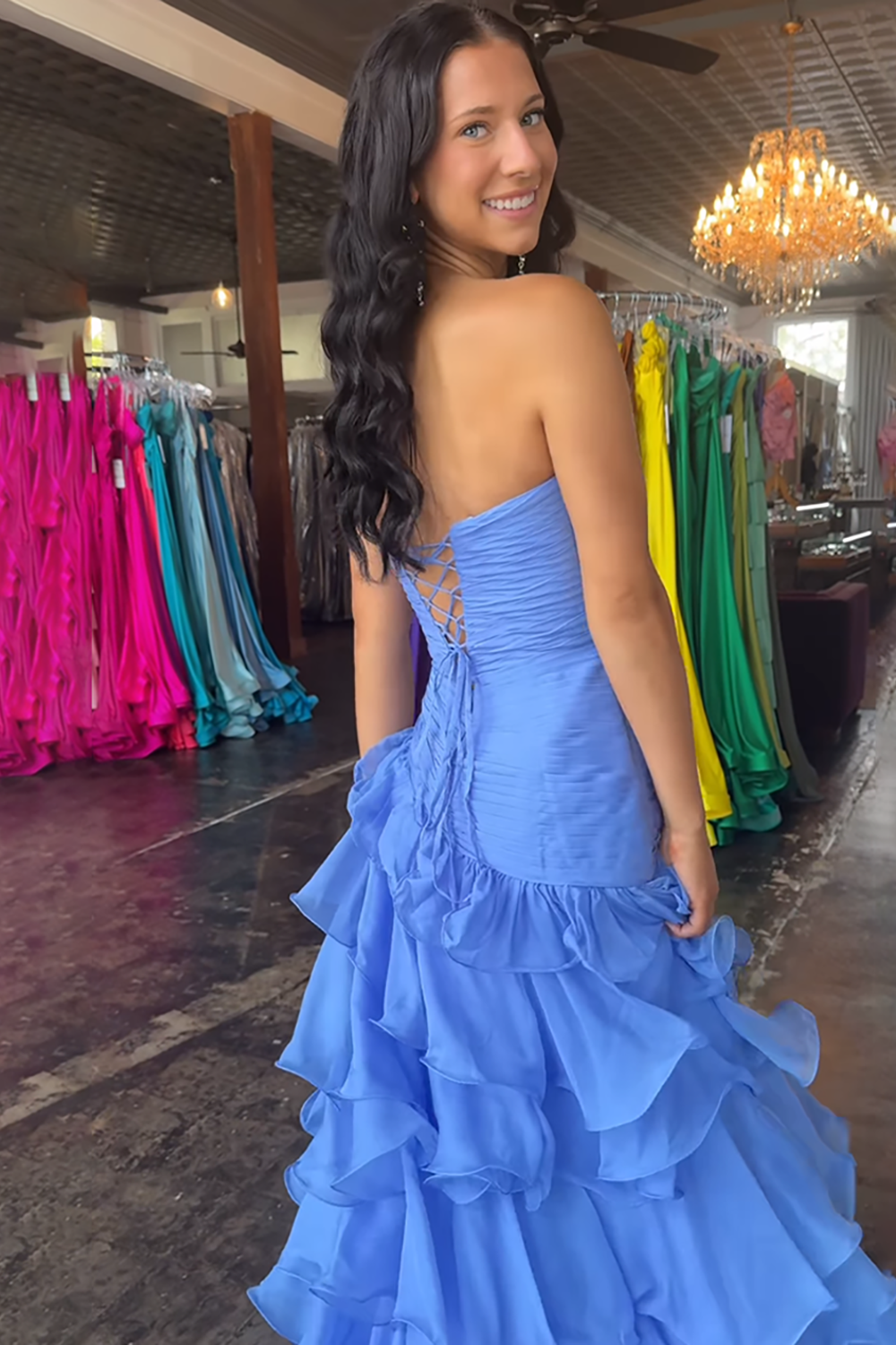 Blue Mermaid Sweetheart Tiered Ruffled Long Prom Dress with Slit