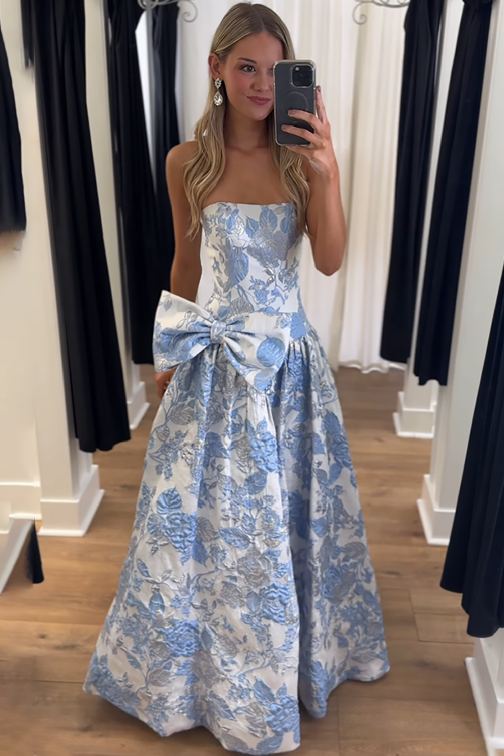 Purple Floral Sweetheart A Line Long Prom Dress with Bow