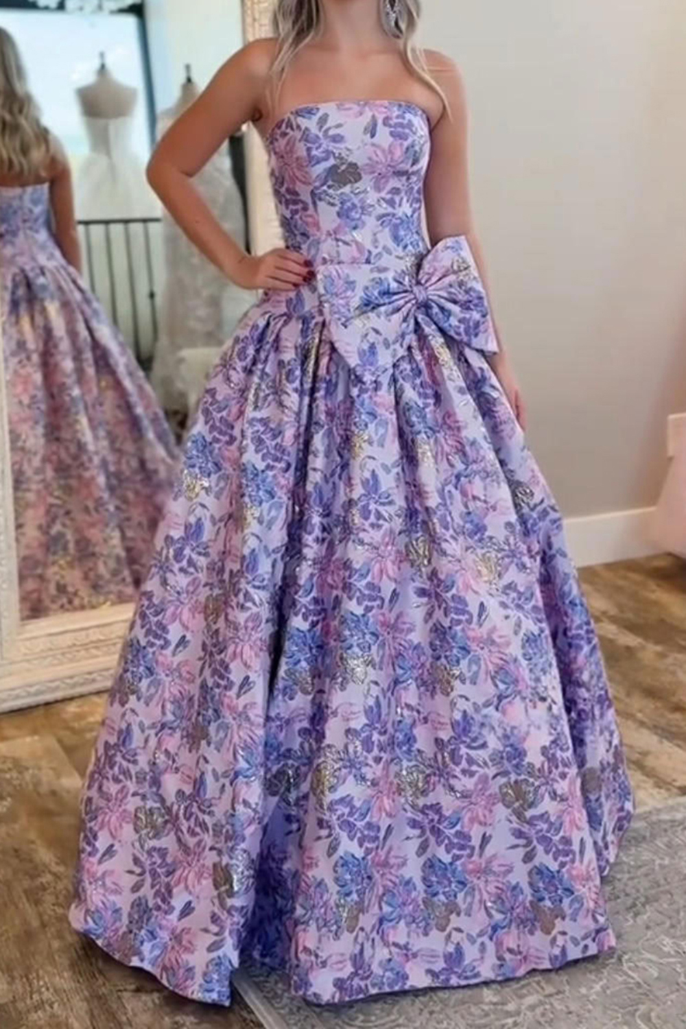 Purple Floral Sweetheart A Line Long Prom Dress with Bow