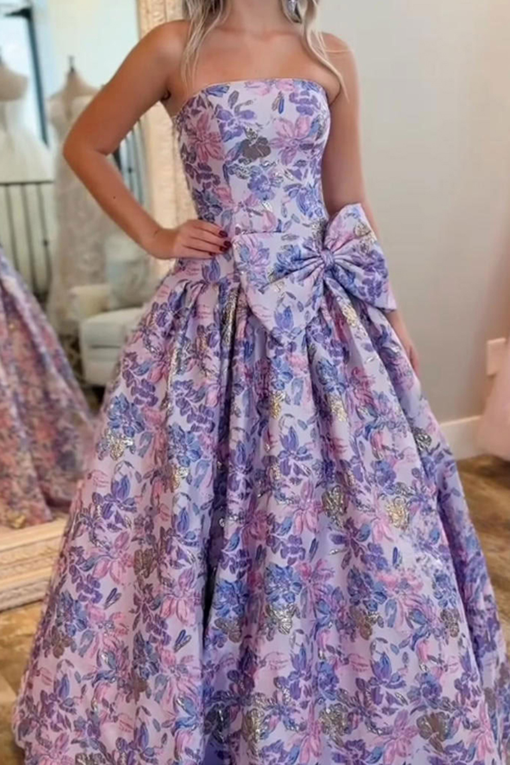 Purple Floral Sweetheart A Line Long Prom Dress with Bow