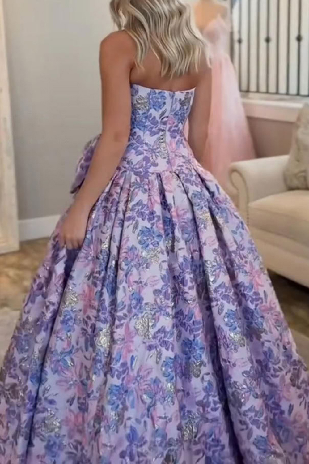 Purple Floral Sweetheart A Line Long Prom Dress with Bow