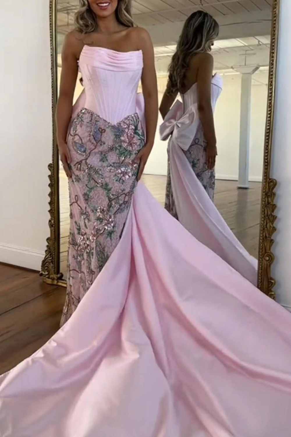 Sparkly Pink Floral Strapless Corset Mermaid Long Prom Dress with Cape
