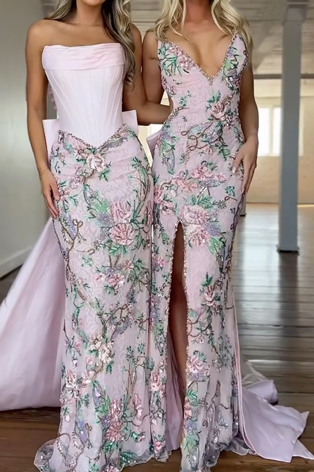 Light Pink Floral Mermaid V Neck Long Prom Dress with Slit