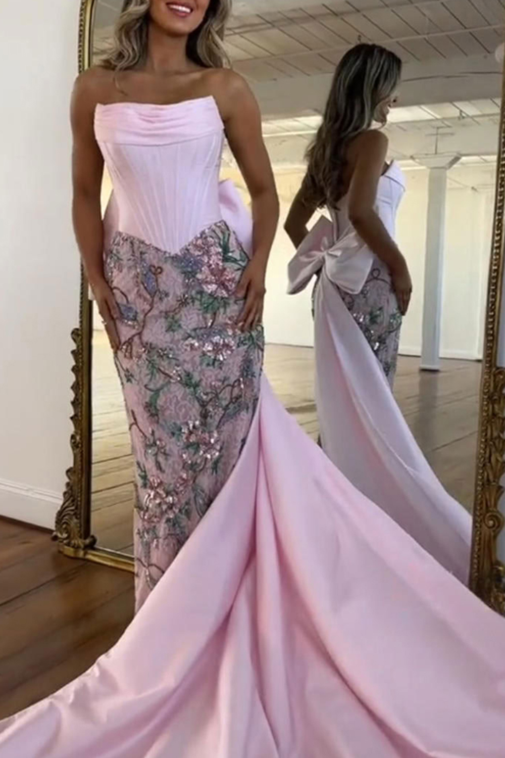 Sparkly Pink Floral Strapless Corset Mermaid Long Prom Dress with Cape