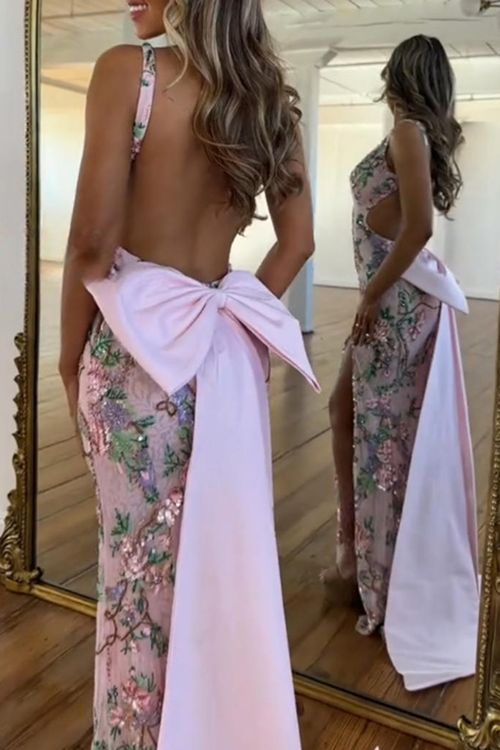Light Pink Floral Mermaid V-Neck Long Prom Dress with Slit