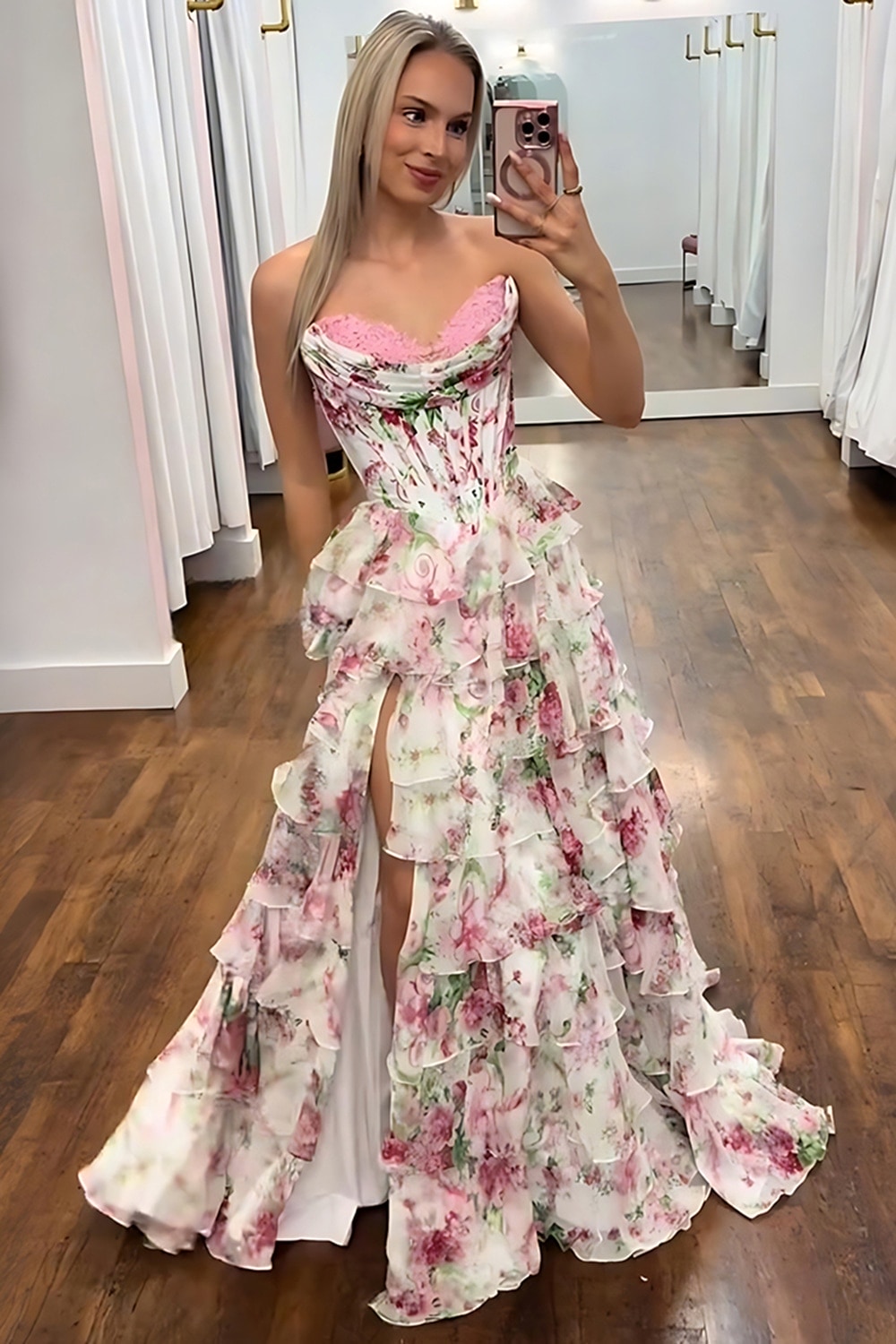 Pink Floral Ruffled Strapless Corset Long Prom Dress with Slit