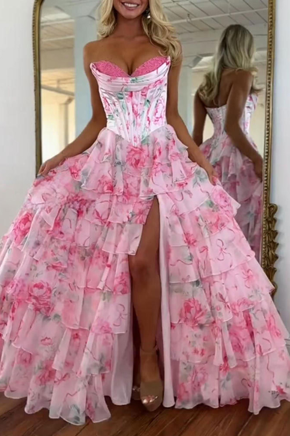 Floral Pink Strapless Ruffled Long Corset Prom Dress with Slit
