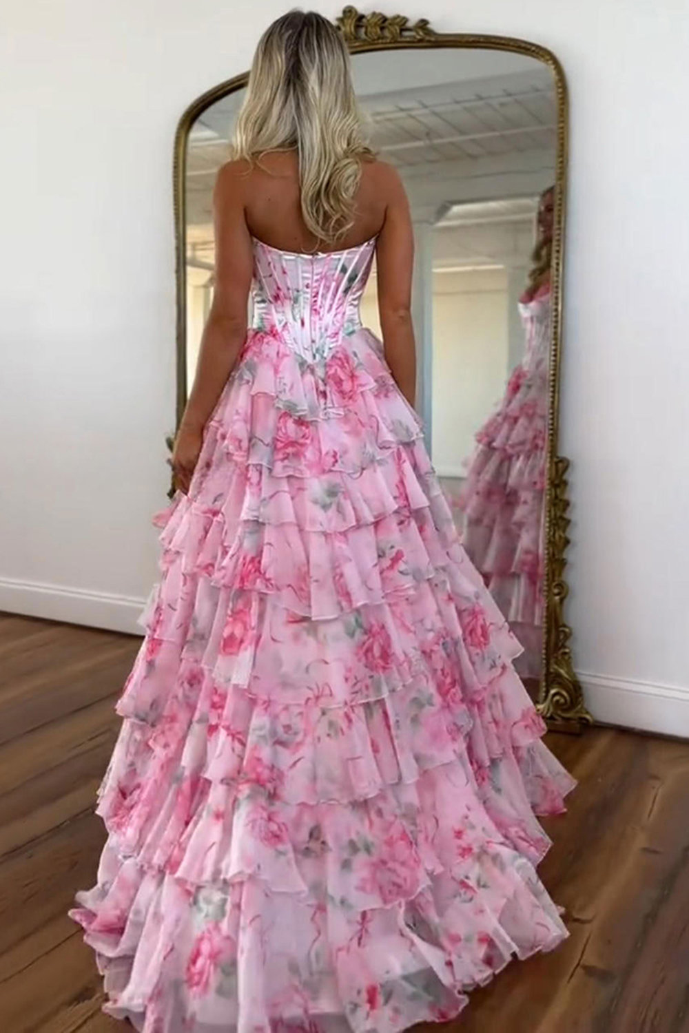 Floral Pink Strapless Ruffled Long Corset Prom Dress with Slit