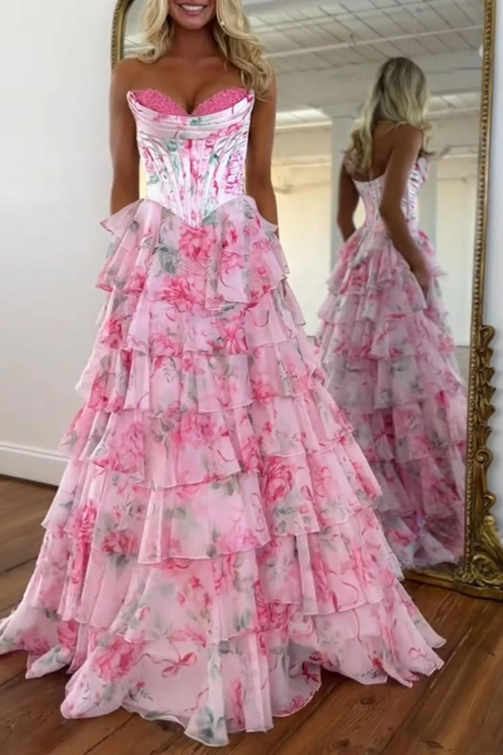 Floral Pink Strapless Ruffled Long Corset Prom Dress with Slit