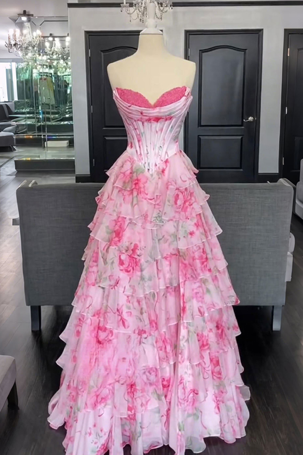 Floral Pink Strapless Ruffled Long Corset Prom Dress with Slit
