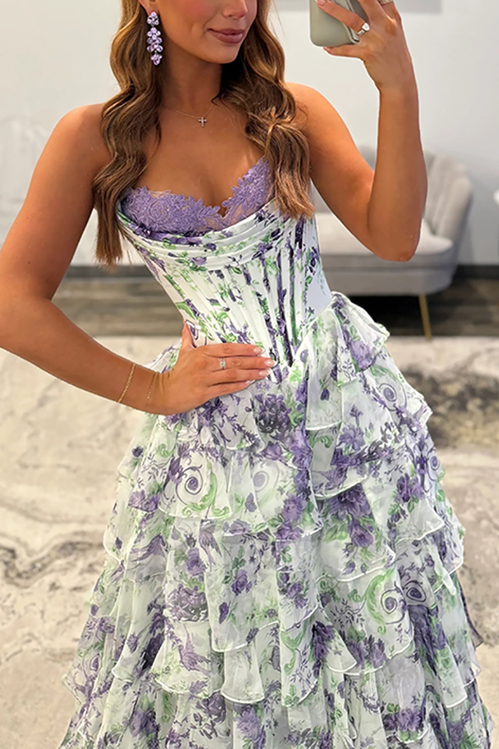 Pink Floral Ruffled Strapless Corset Long Prom Dress with Slit