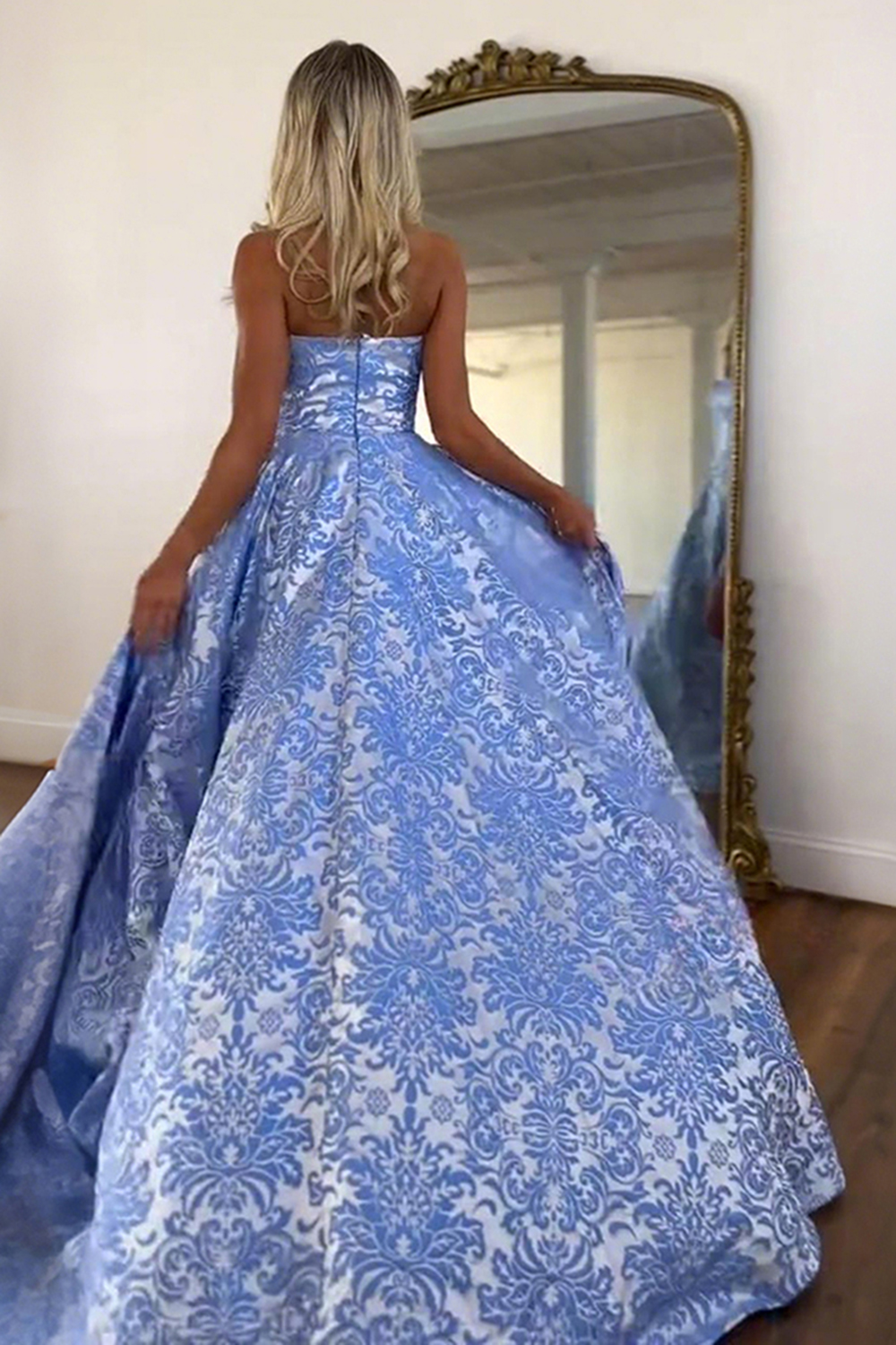 Blue Floral Strapless A Line Long Prom Dress with Slit