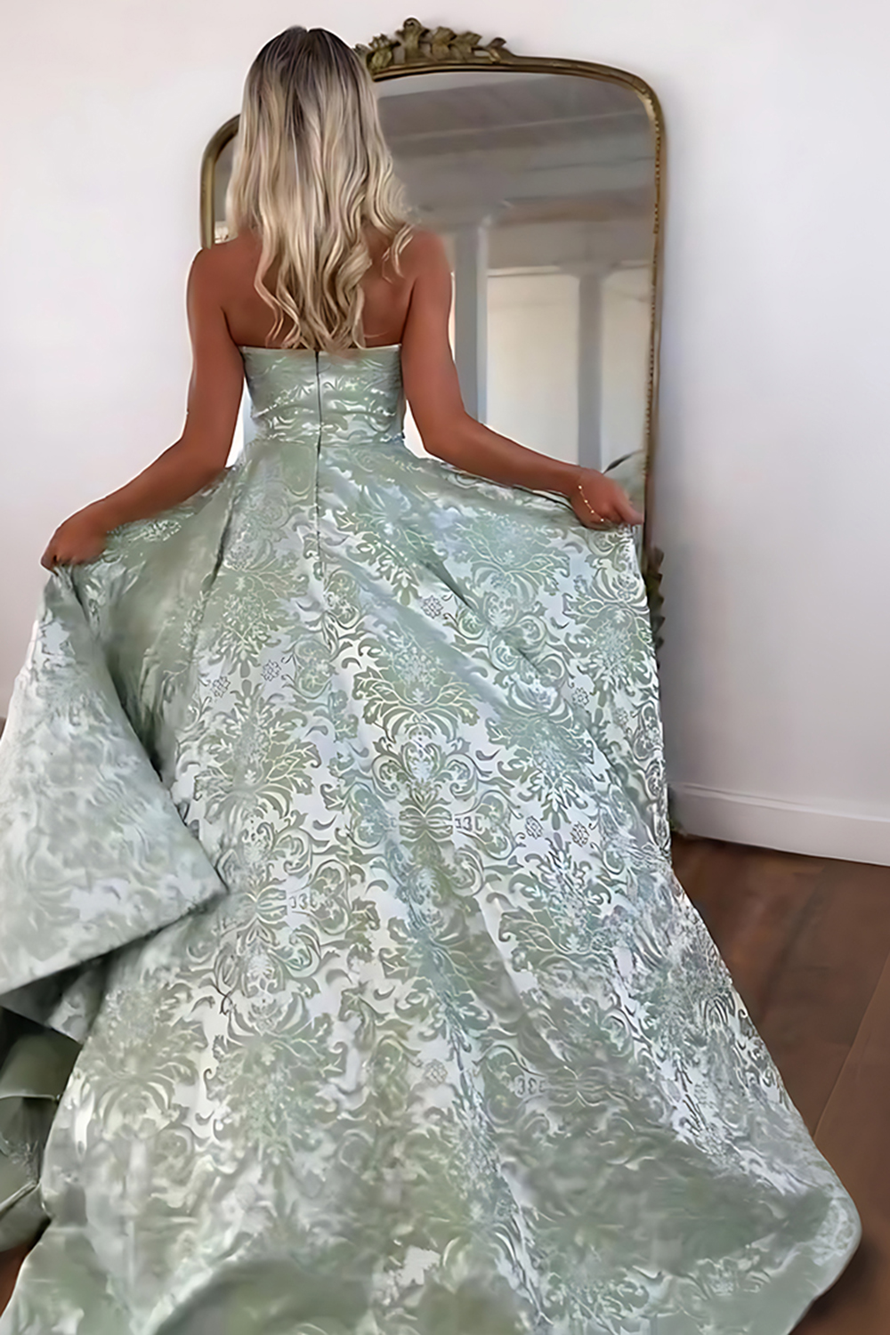 Blue Floral Strapless A Line Long Prom Dress with Slit