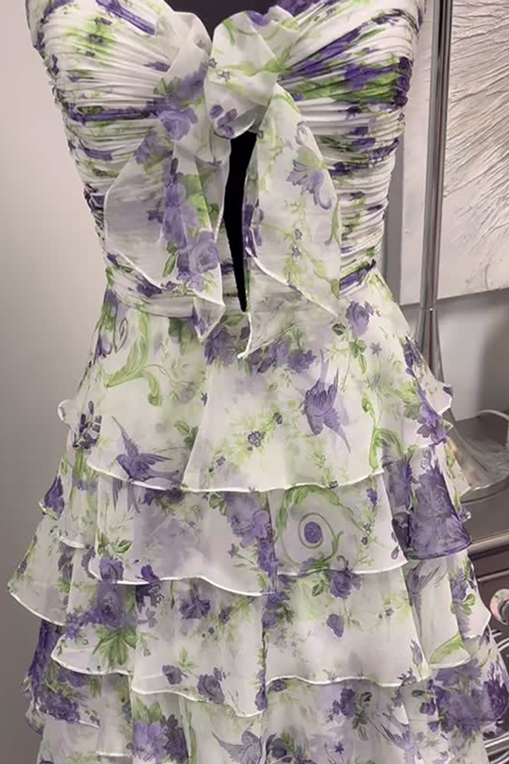 White and Purple Floral Ruffled Strapless A Line Long Prom Dress with Slit