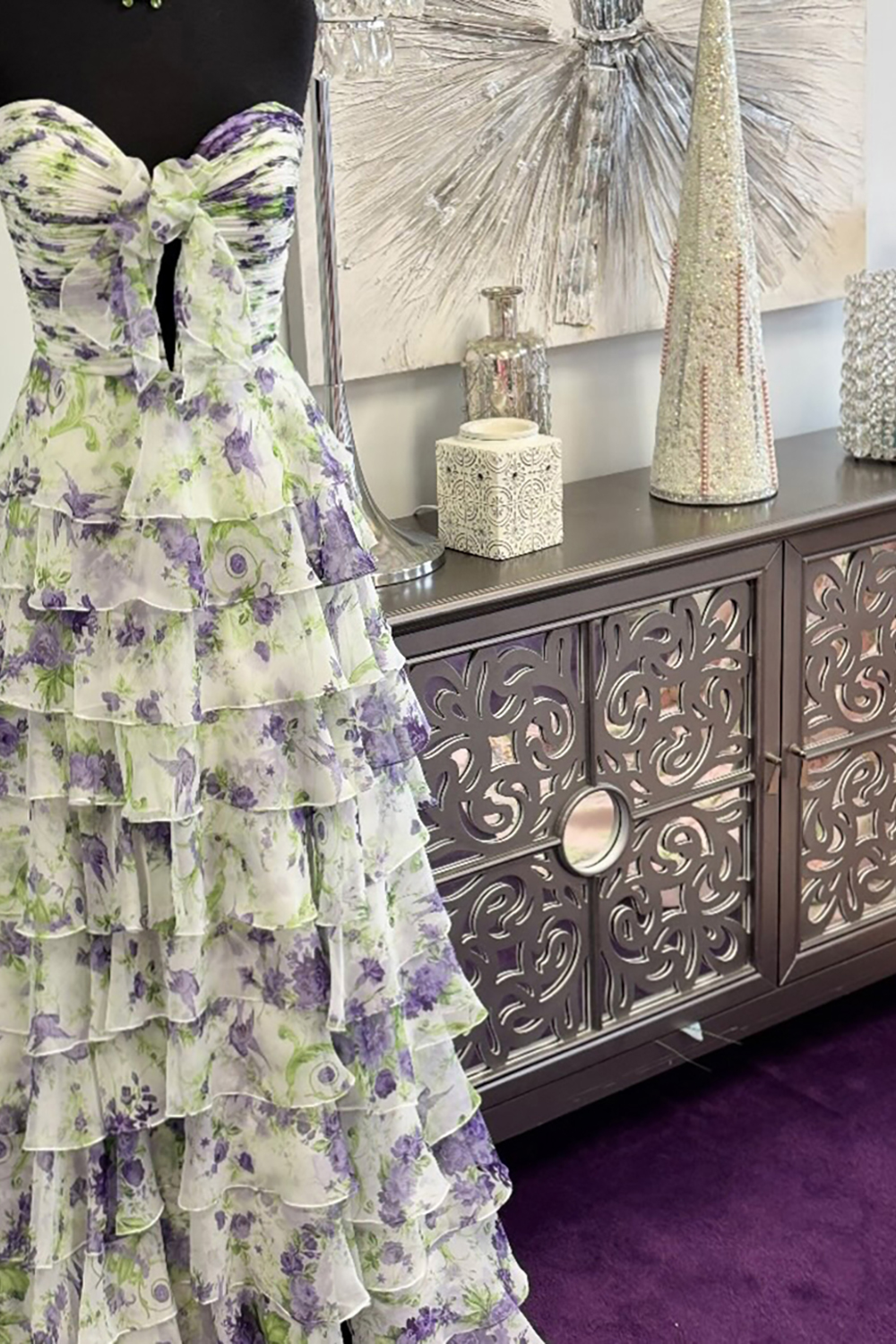 White and Purple Floral Ruffled Strapless A Line Long Prom Dress with Slit