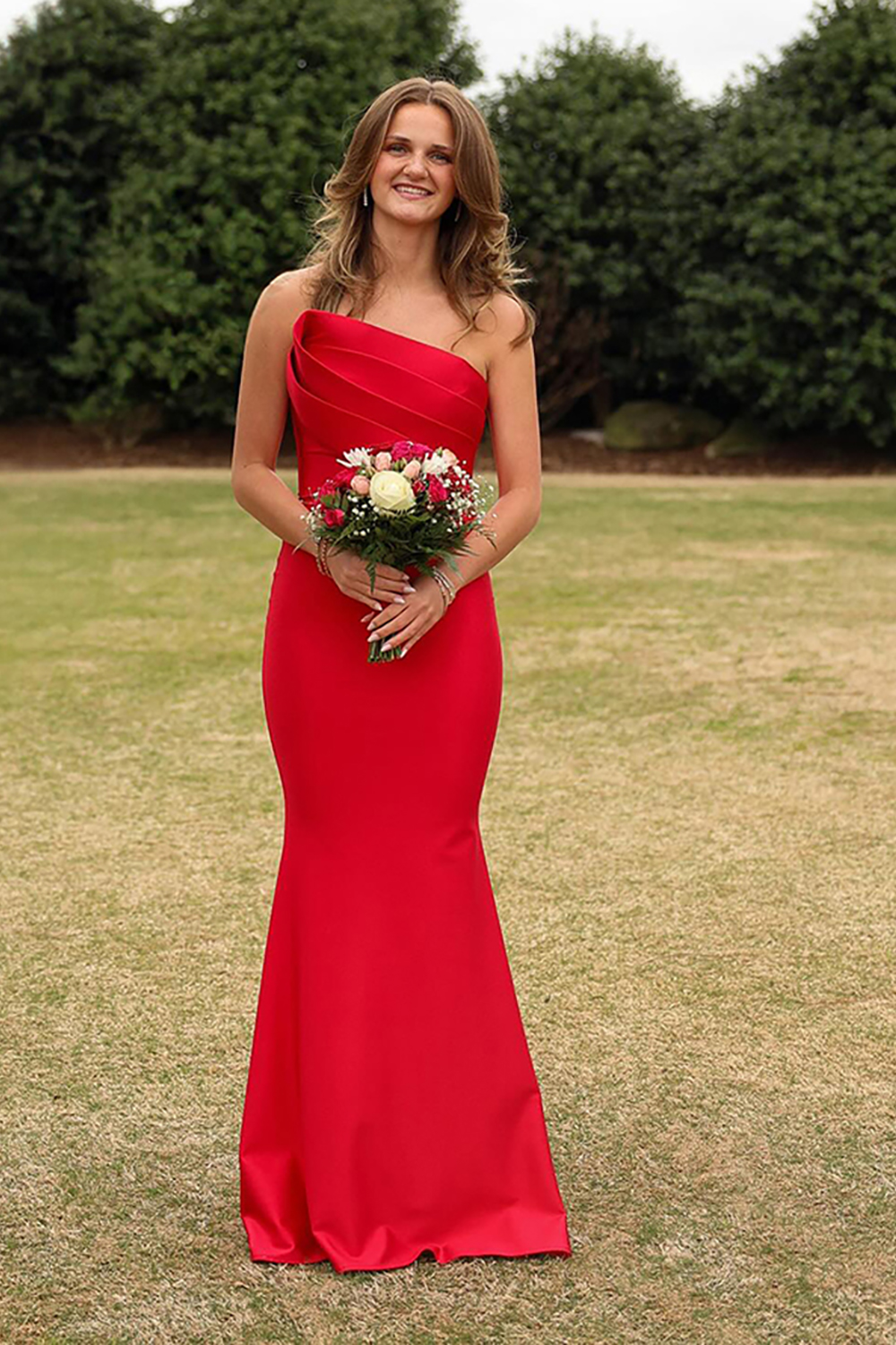 Red Satin Mermaid Strapless Long Formal Dress