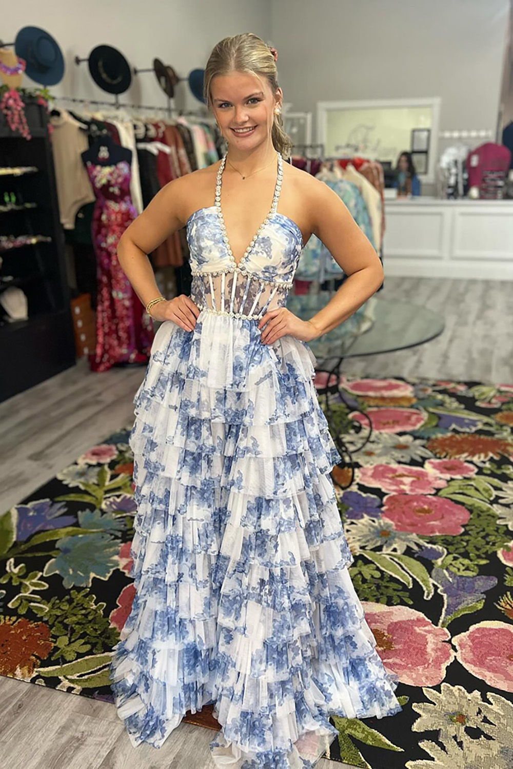 Pink Floral Halter Ruffled Corset Long Prom Dress with Slit