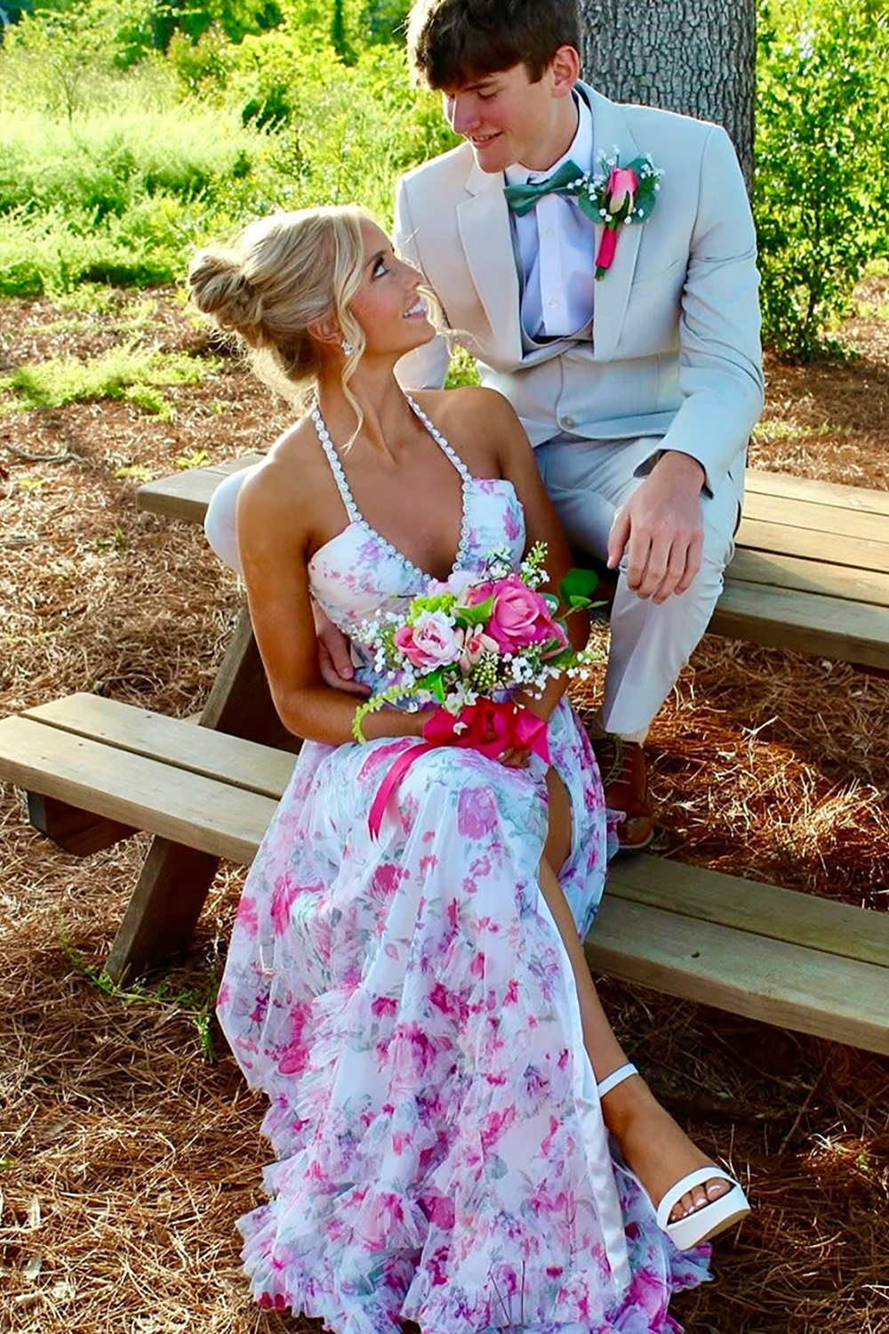 Pink Floral Halter Ruffled Corset Long Prom Dress with Slit