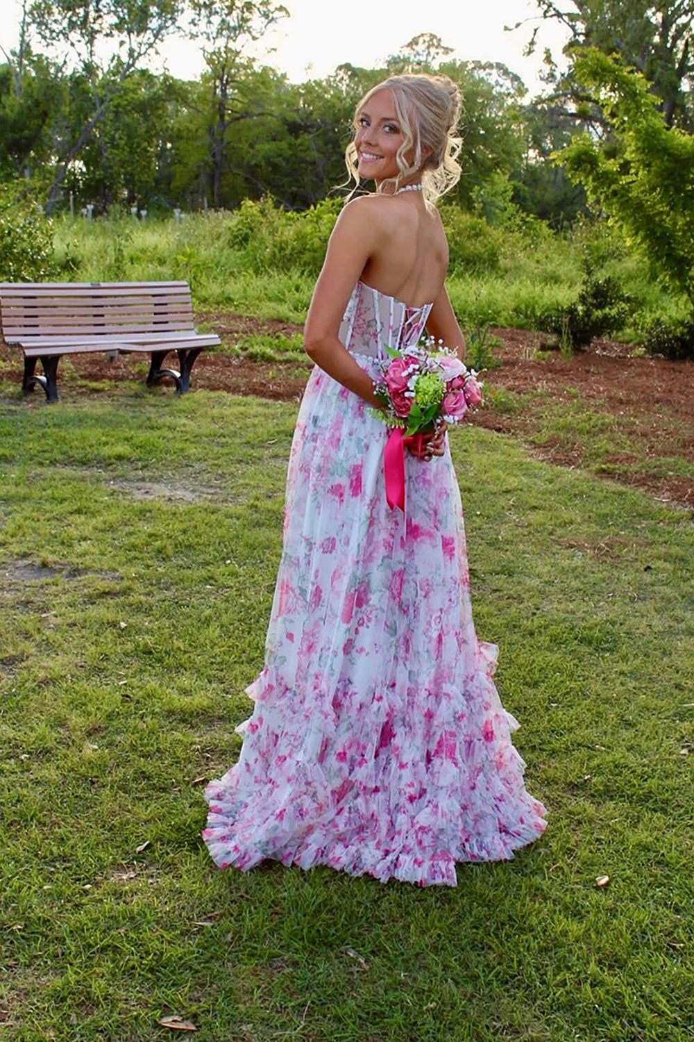 Pink Floral Halter Ruffled Corset Long Prom Dress with Slit