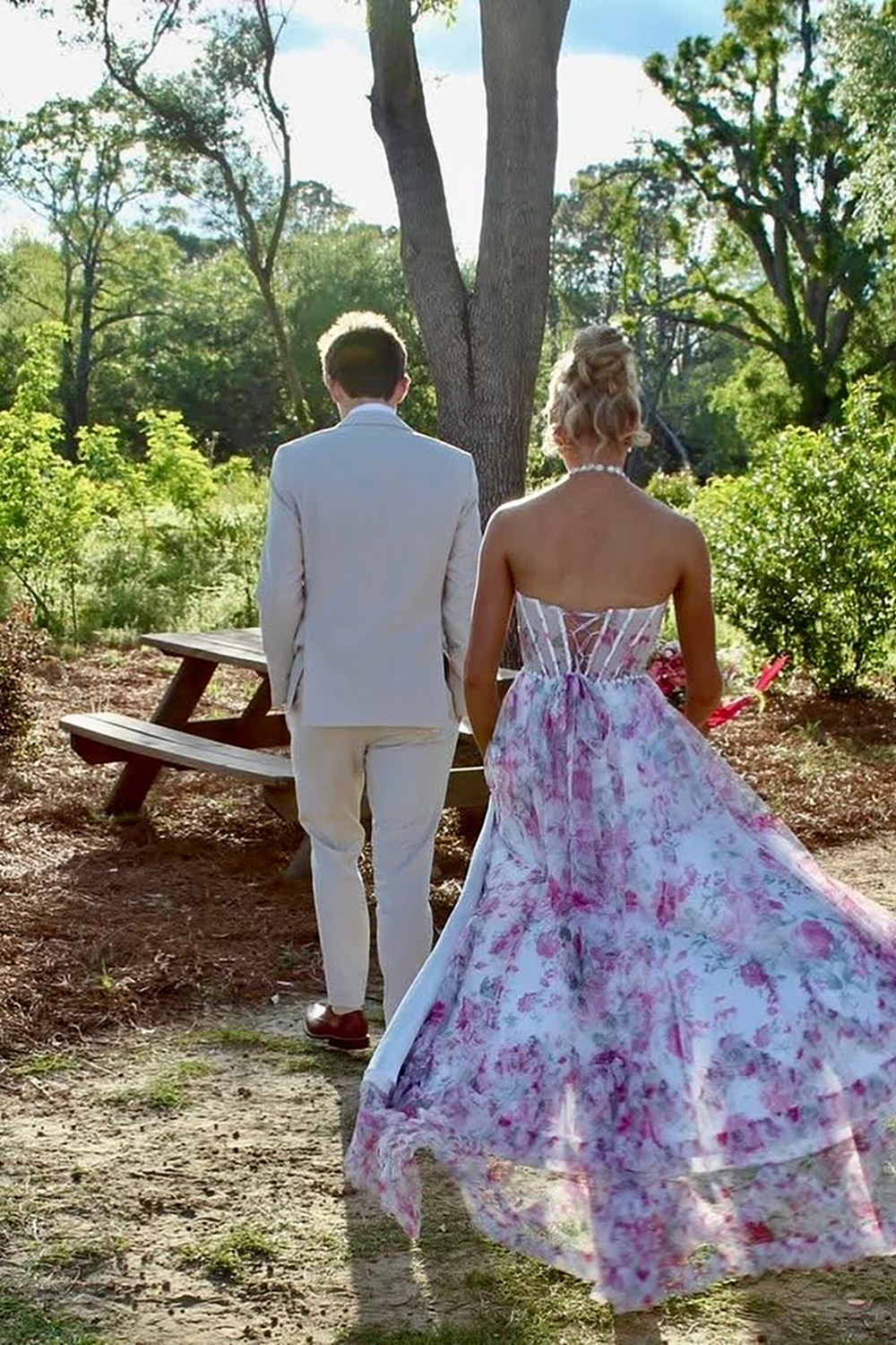 Pink Floral Halter Ruffled Corset Long Prom Dress with Slit