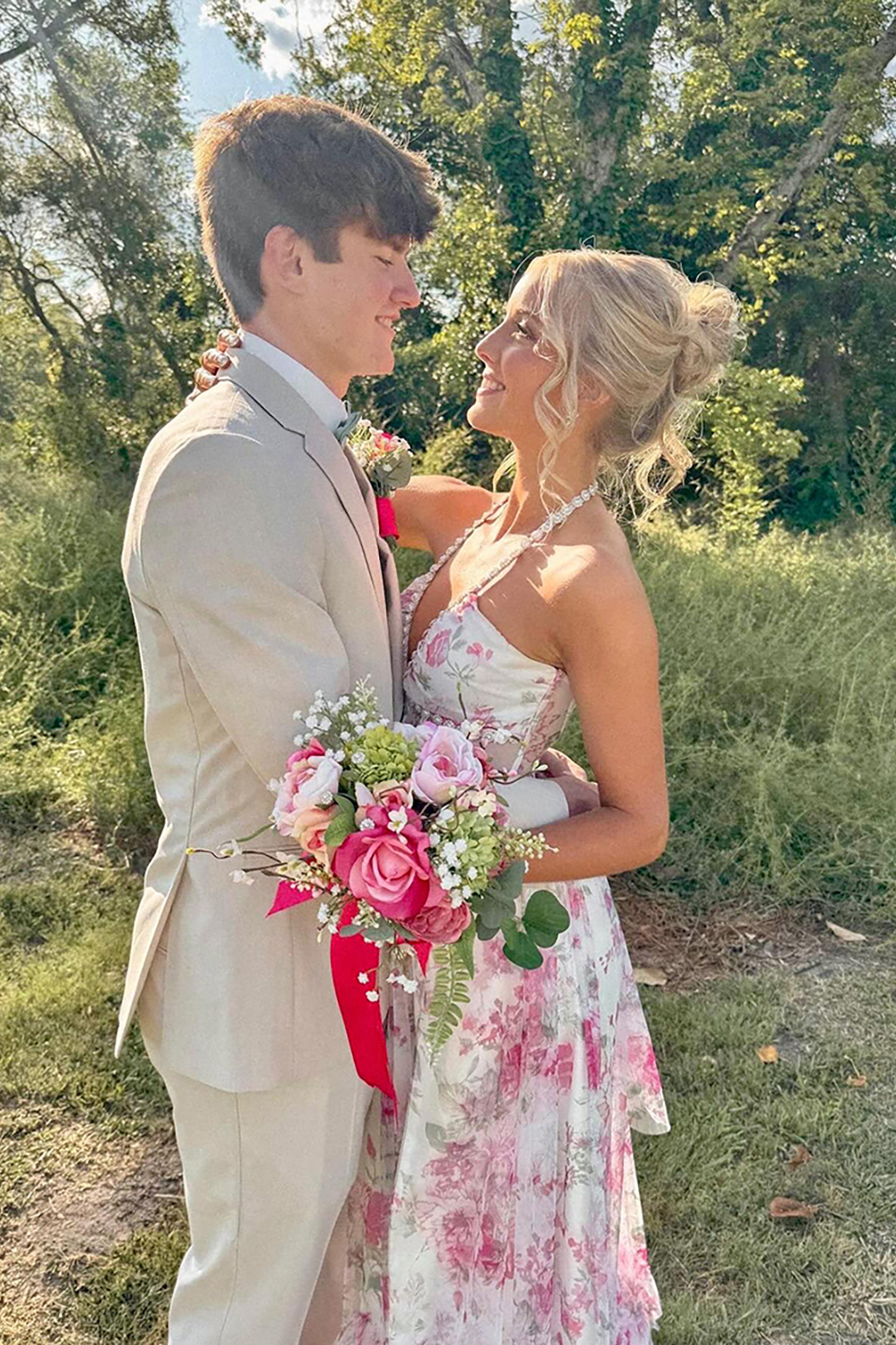 Pink Floral Halter Ruffled Corset Long Prom Dress with Slit