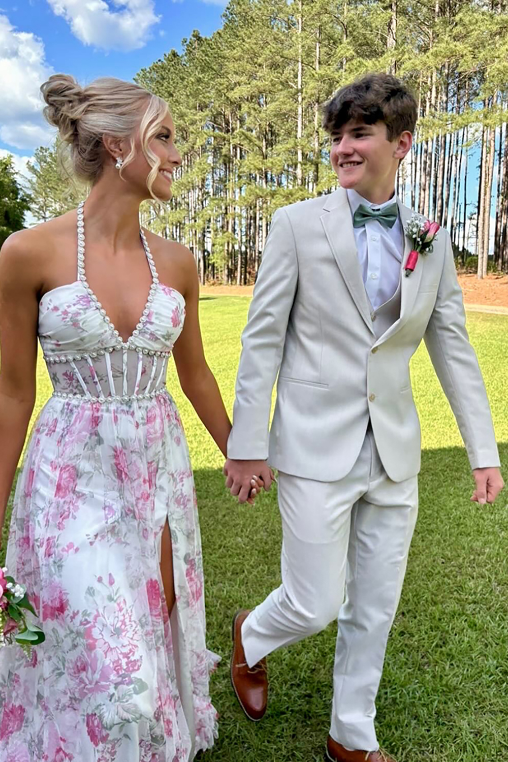 Pink Floral Halter Ruffled Corset Long Prom Dress with Slit