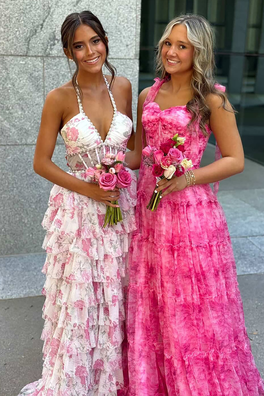 Pink Floral Halter Ruffled Corset Long Prom Dress with Slit
