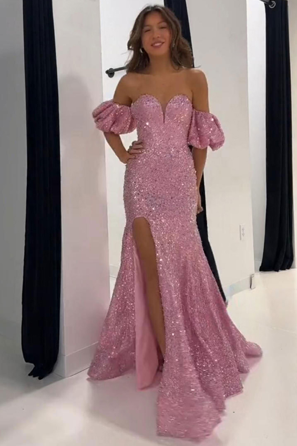 Sparkly Grey Pink Mermaid Sequin Long Prom Dress with Slit