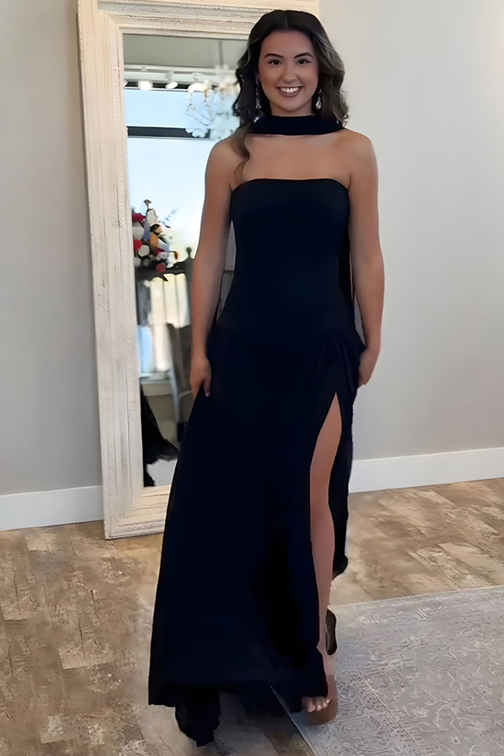 Black Sheath Strapless Neck Scarf Long Prom Dress with Slit