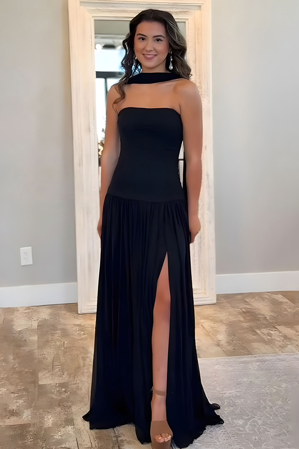 Black Sheath Strapless Neck Scarf Long Prom Dress with Slit