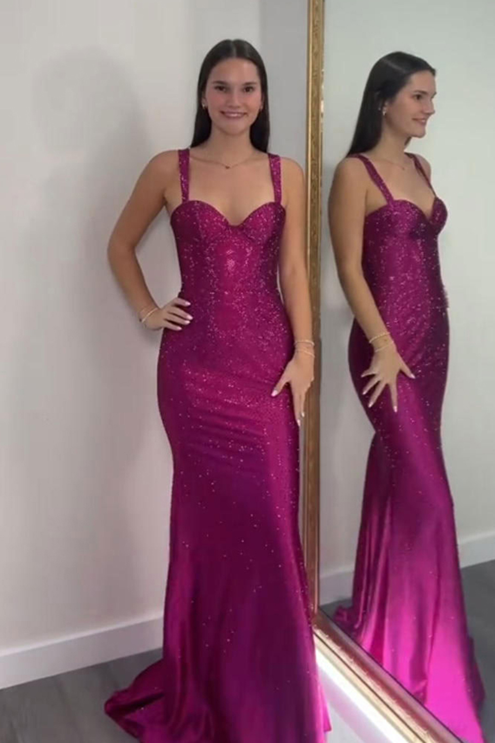 Sparkly Fuchsia Sequin Mermaid Thick Straps Long Prom Dress