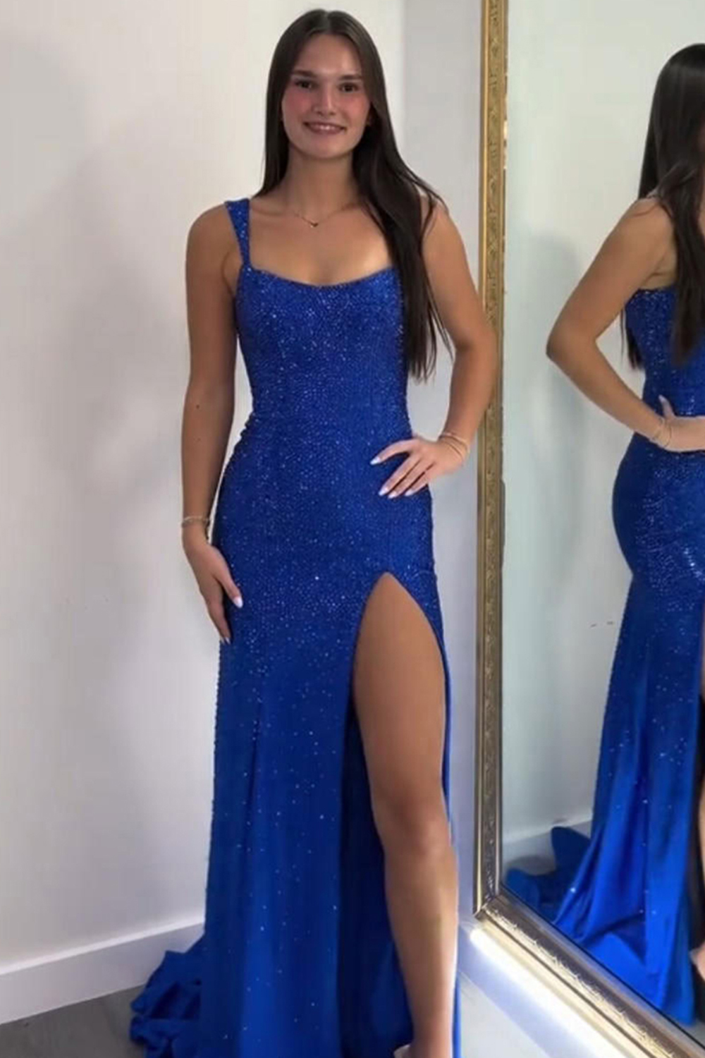 Sparkly Royal Blue Sheath Sequin Long Prom Dress with Slit