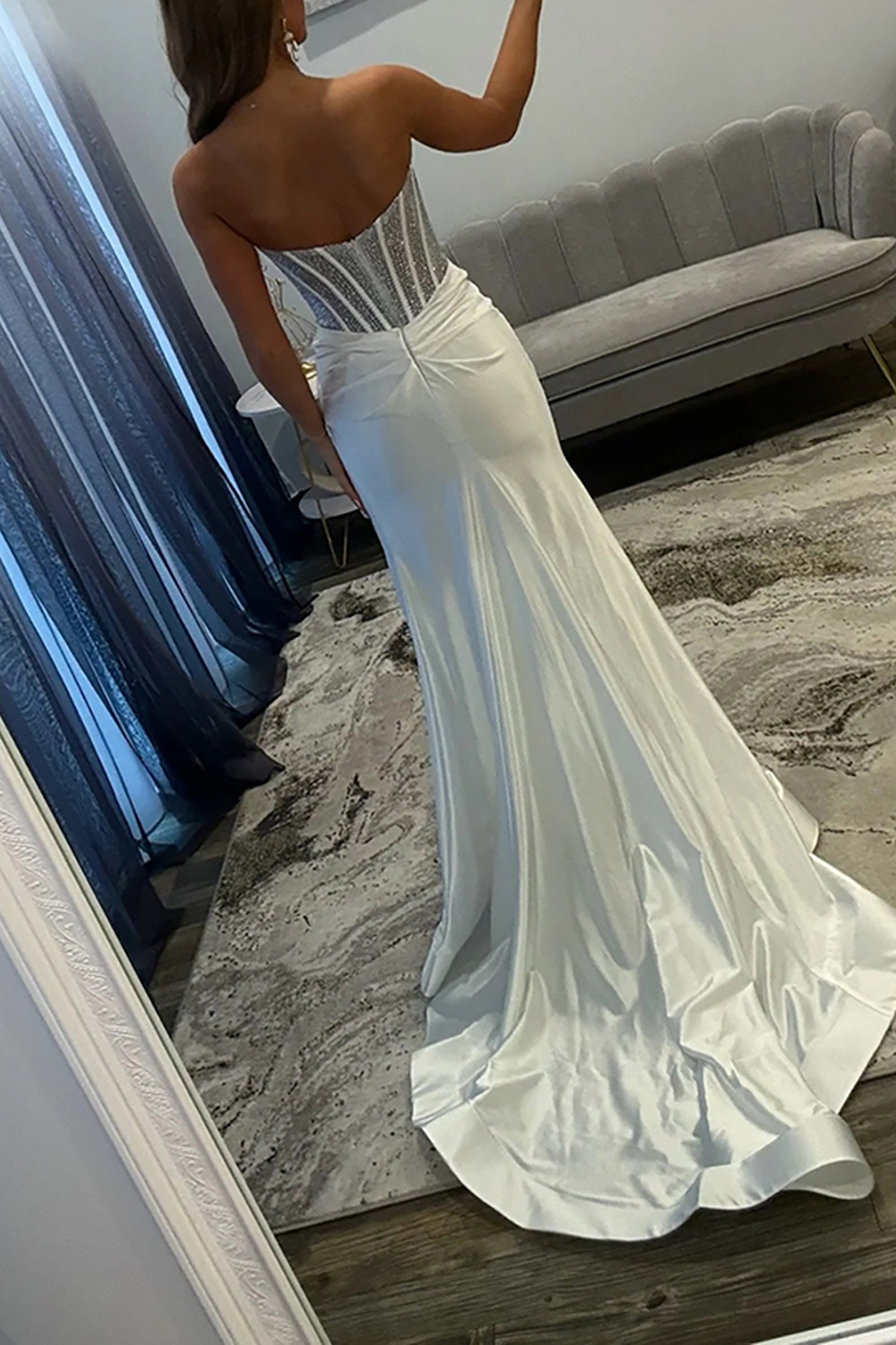 Sparkly Beaded Blush Corset Mermaid Strapless Long Satin Prom Dress with Slit