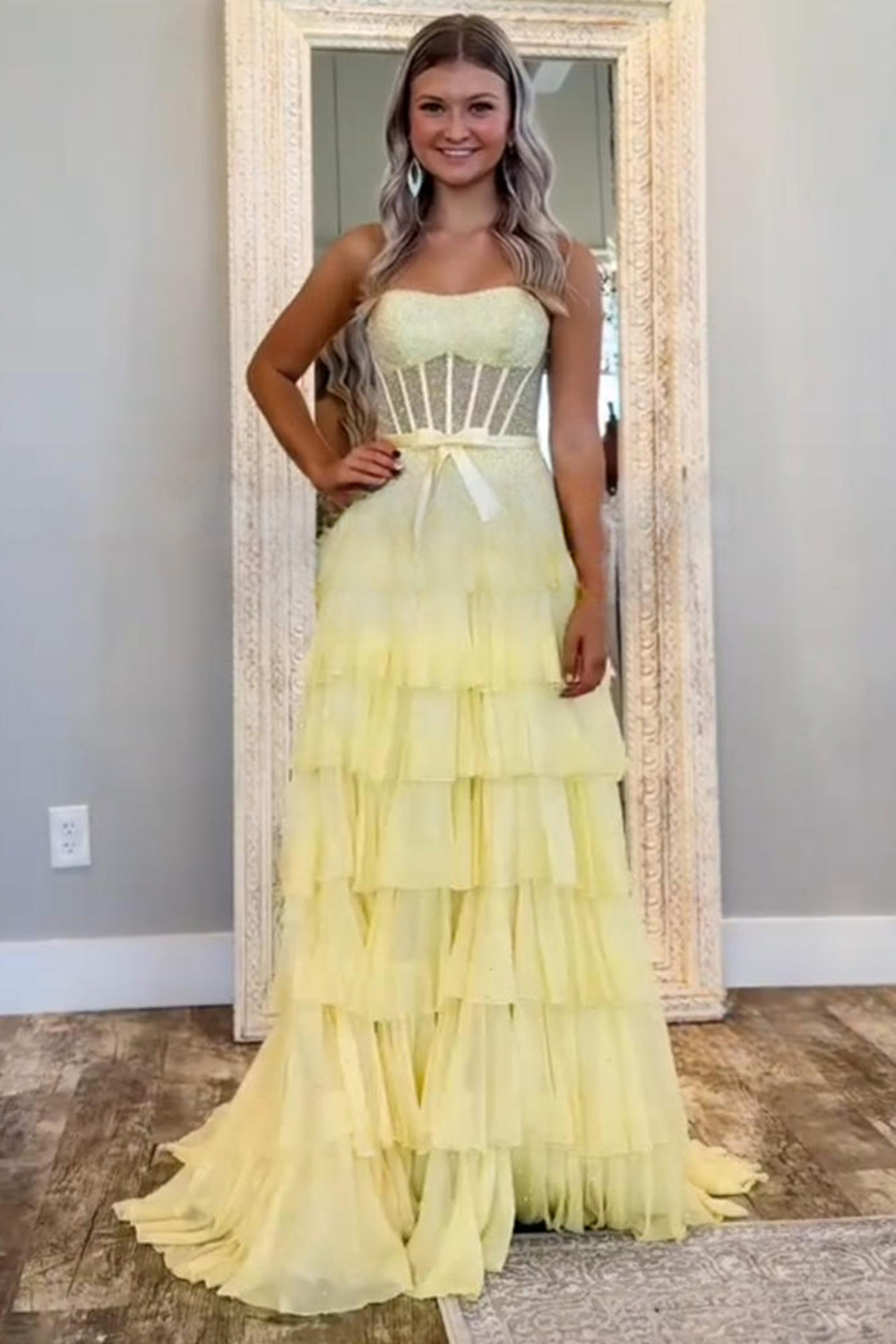 Sparkly Yellow A Line Tulle Strapless Long Prom Dress with Bow