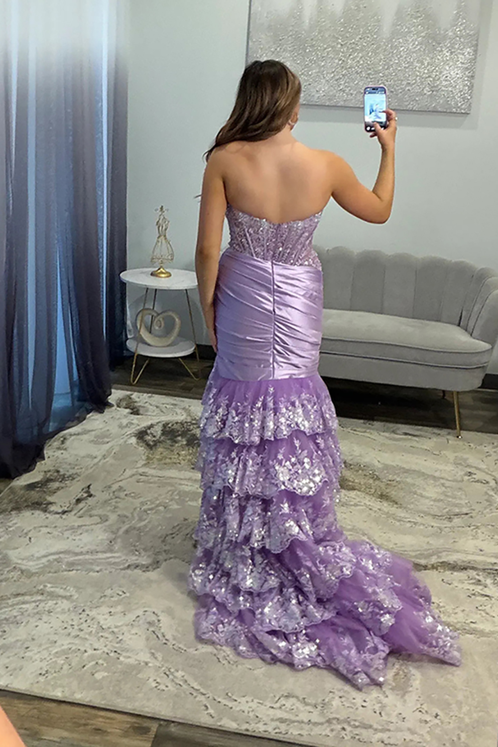 Sparkly Blue Lace Mermaid Tiered Long Corset Prom Dress with Slit