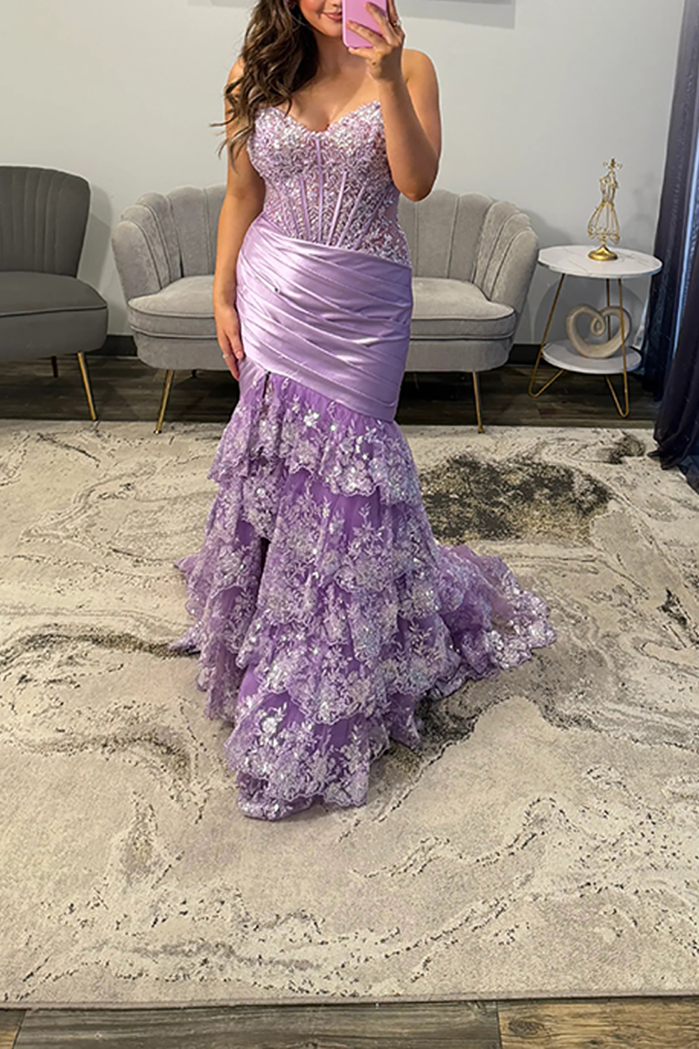 Sparkly Blue Lace Mermaid Tiered Long Corset Prom Dress with Slit