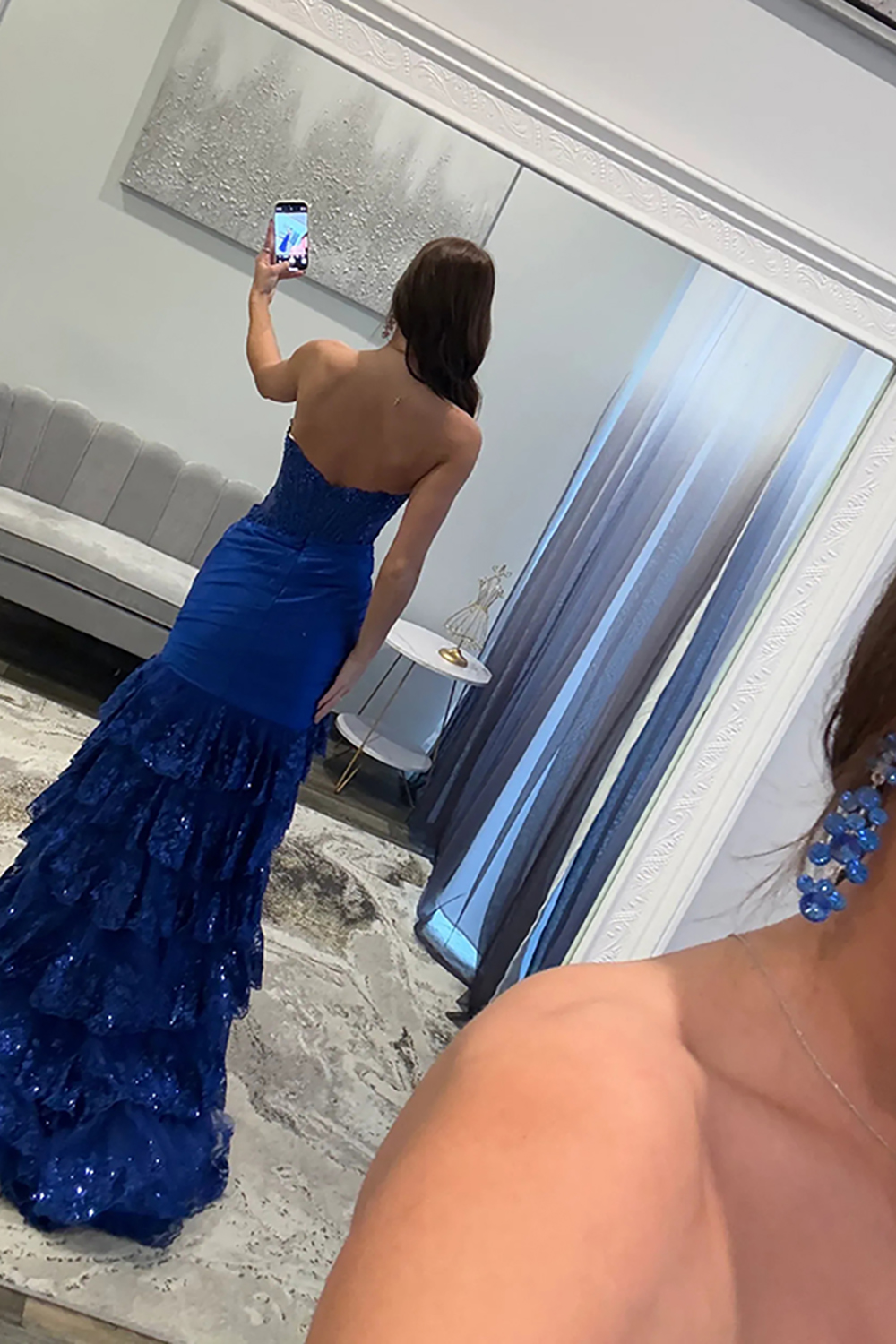 Sparkly Blue Lace Mermaid Tiered Long Corset Prom Dress with Slit