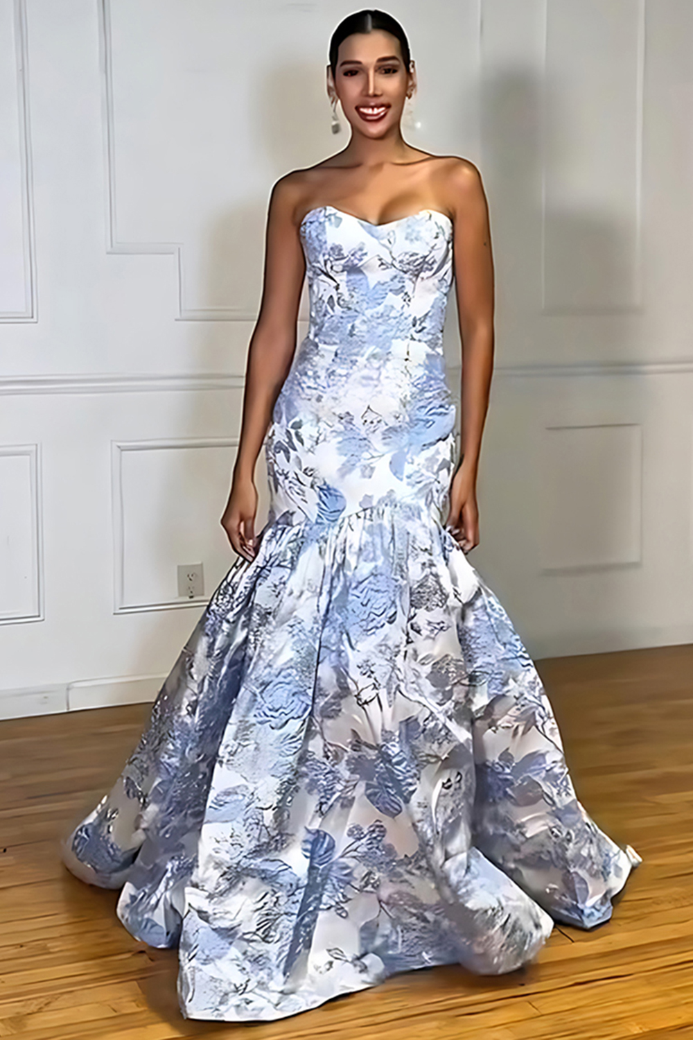 Floral Lilac Jacquard Strapless A Line Long Prom Dress